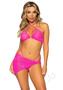Leg Avenue Rhinestone Mesh Bra Top With Ring Accent, G-string Panty And Matching Sarong (3 Pieces) - Medium - Neon Pink